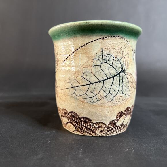 Handmade Stoneware Mug Leaf Motif Dragonfly Thistle Stained Artisan Pottery - Picture 4 of 11